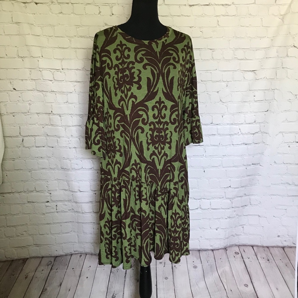 Women’s green brown bell sleeve midi dress pockets